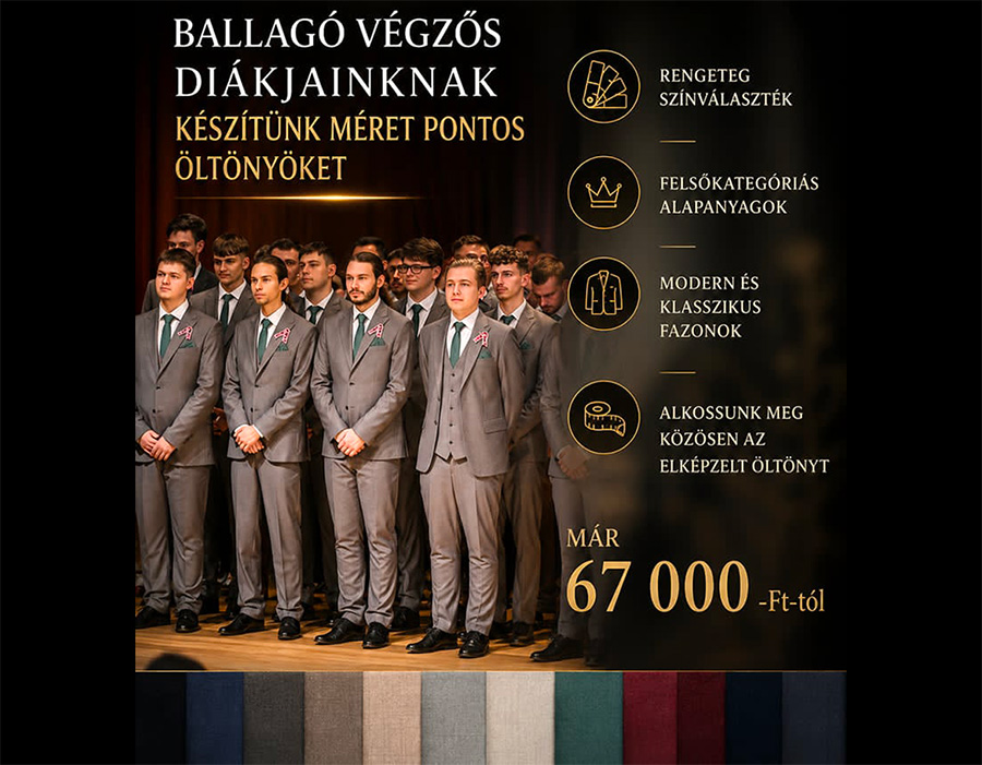 Győr belvárosában lévő Alberto 7 öltönyök boltjában 2 öltöny szett egymás mellett